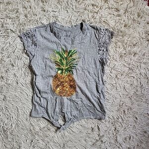 Sequin Pineapple Tee Tshirt Top Gray Crochet Cap Sleeves Tie Front - L Large